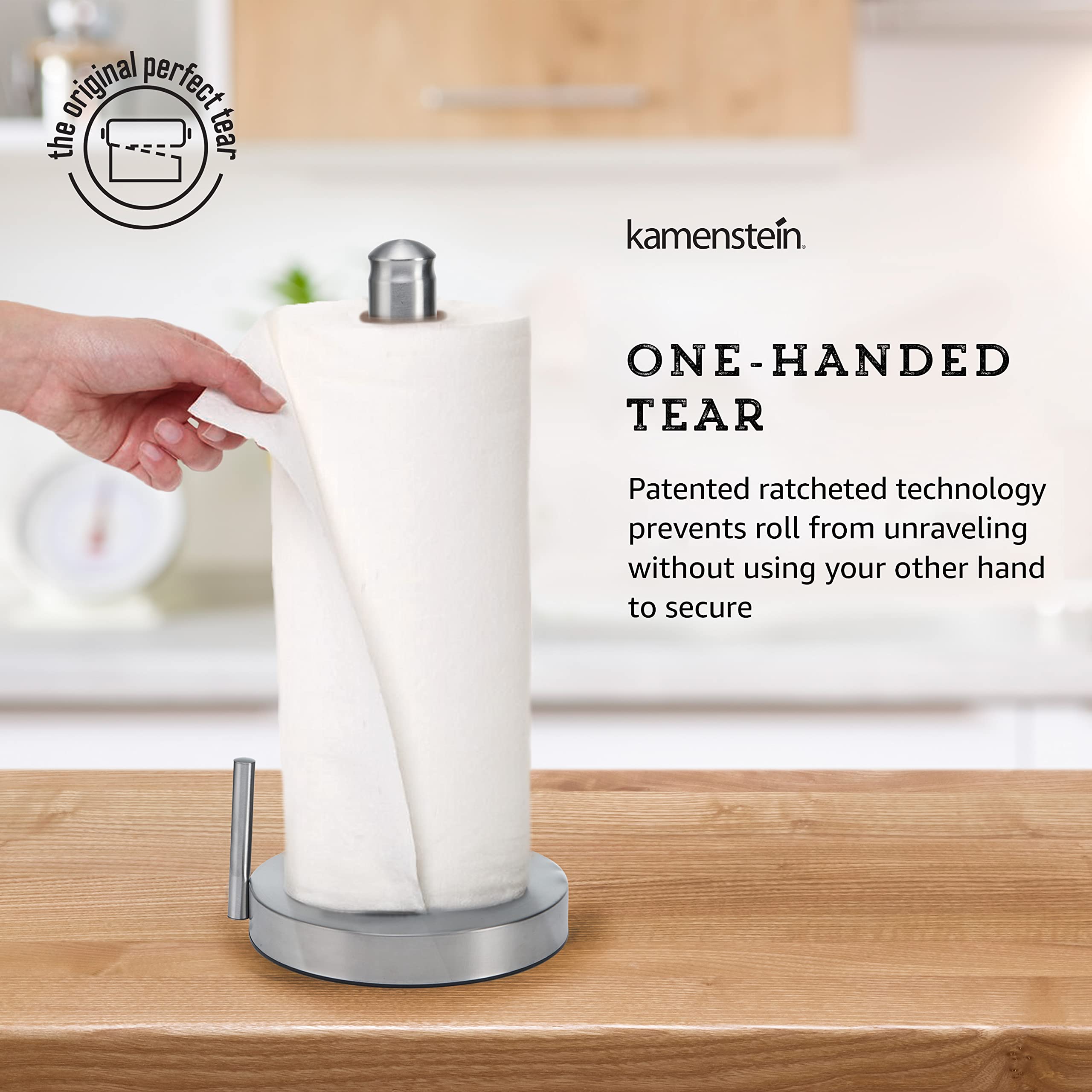 Kamenstein Perfect Tear ratchet system demonstrates controlled, single-piece tears.