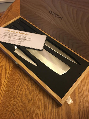 Kamikoto Kanpeki knife set in a wooden display box for premium kitchen display