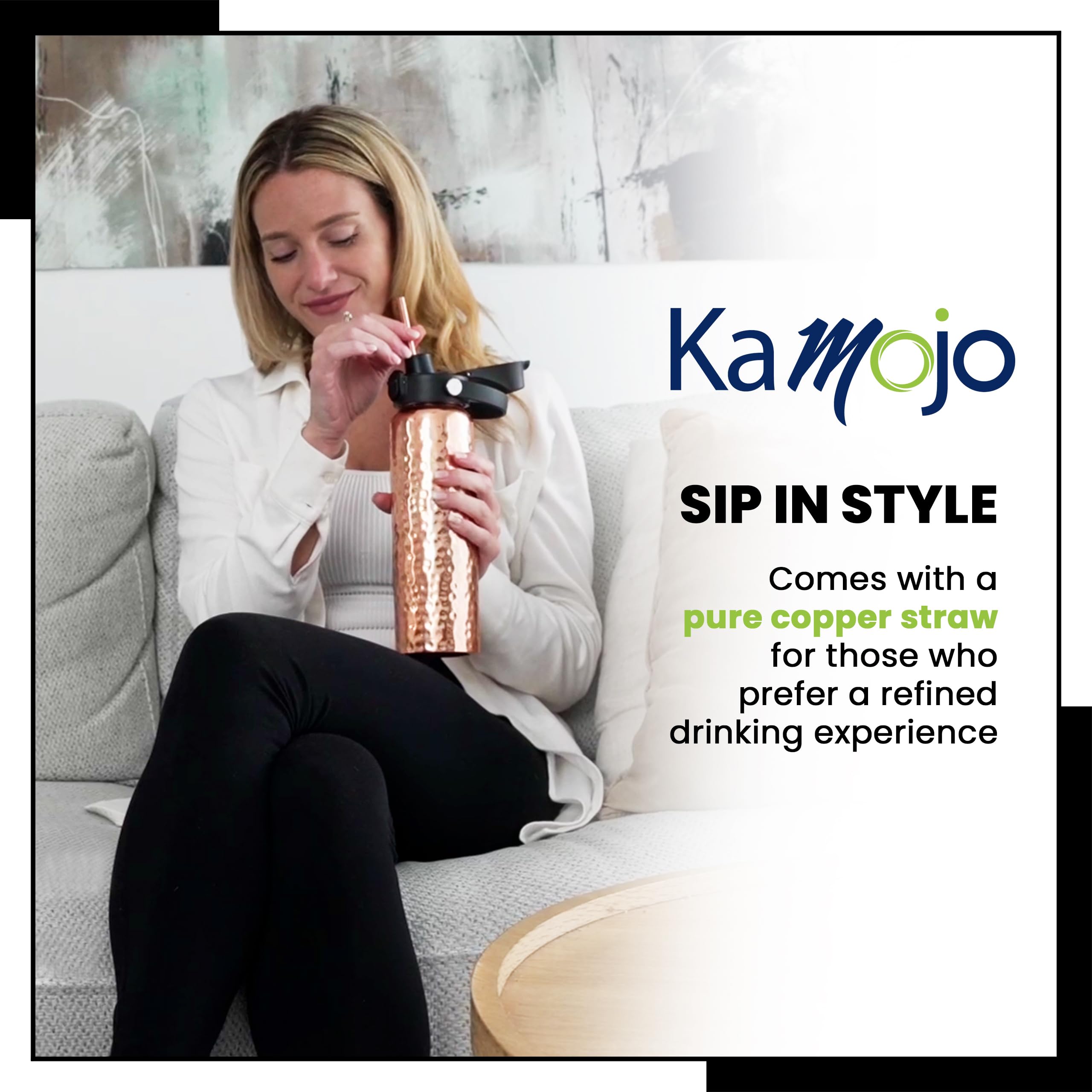 Optional copper straw fits through the lid for sipping.