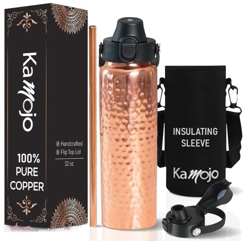 Kamojo copper bottle with push-button lid for easy hydration on the go.