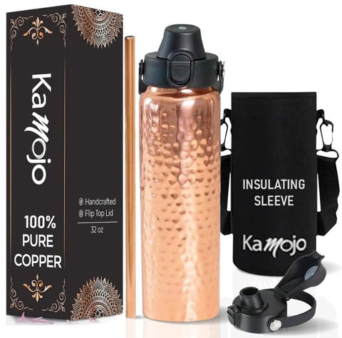 Kamojo copper bottle with push-button lid for easy hydration on the go.