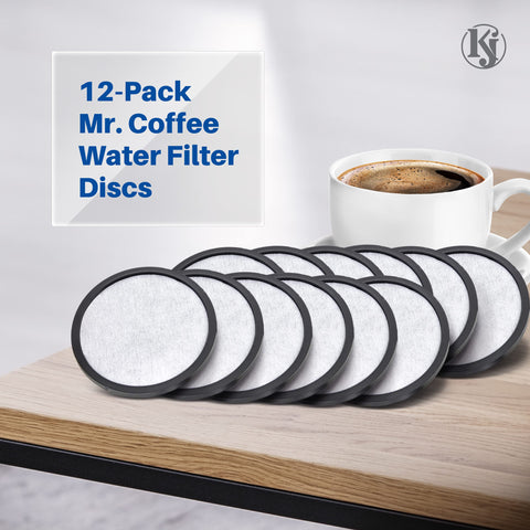 K&J Mr. Coffee charcoal filter disc front view shows compact replacement for home brewing.