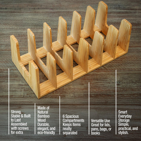 KANDOHAUS bamboo rack keeps pots and pans tidy in a compact space.