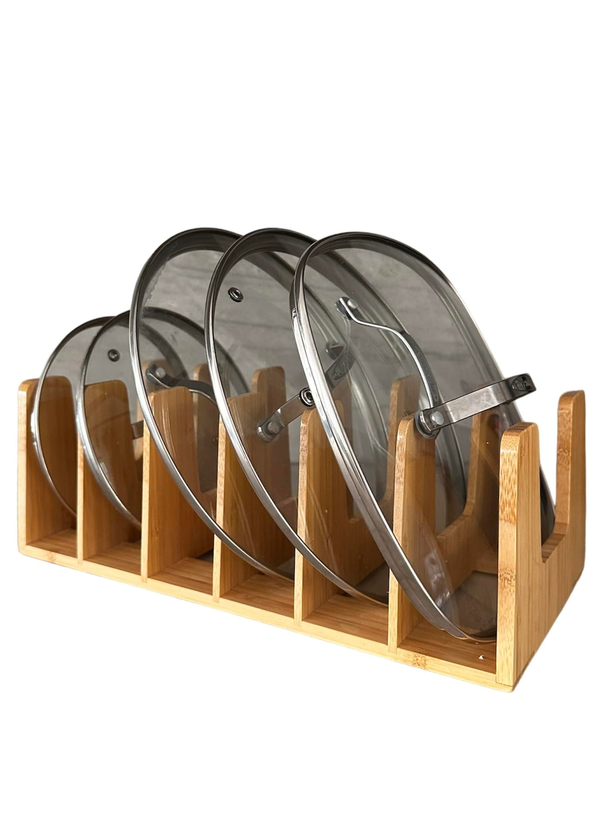 KANDOHAUS bamboo cabinet organizer holds lids neatly for easy access.