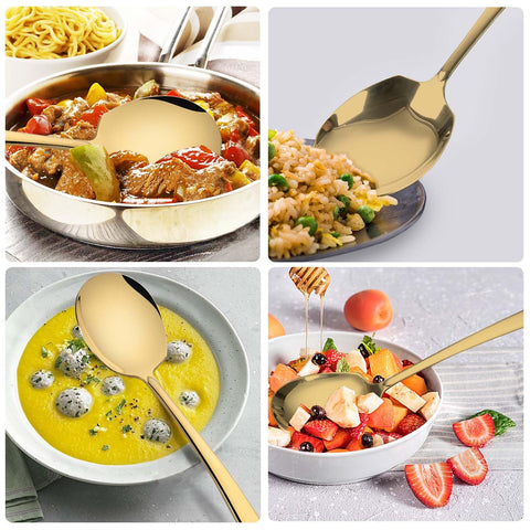 Kannei tec two-piece gold serving spoon set for buffet use.