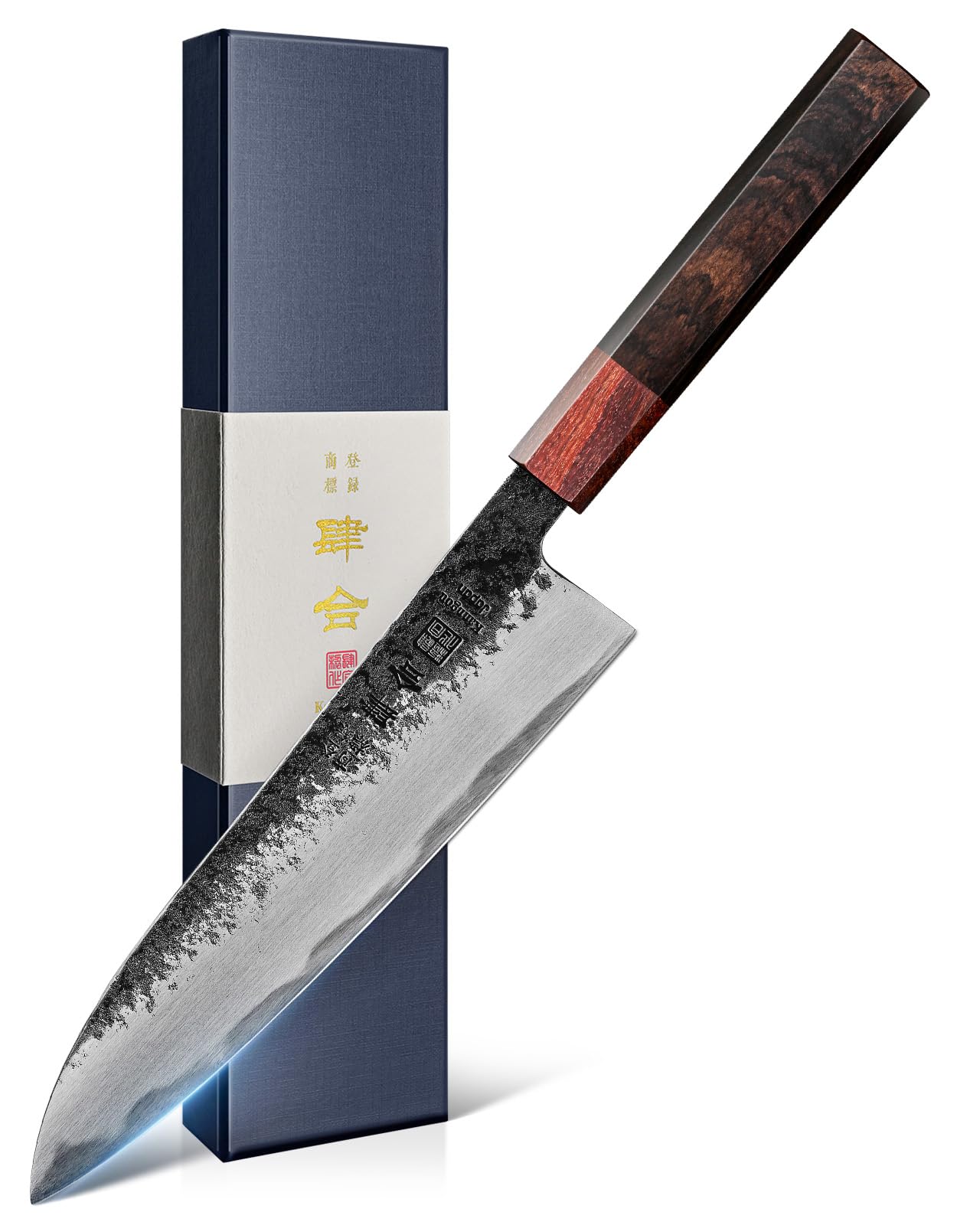 kanngou 8.27 inch chef knife blade closeup shows precise edge and black forged finish