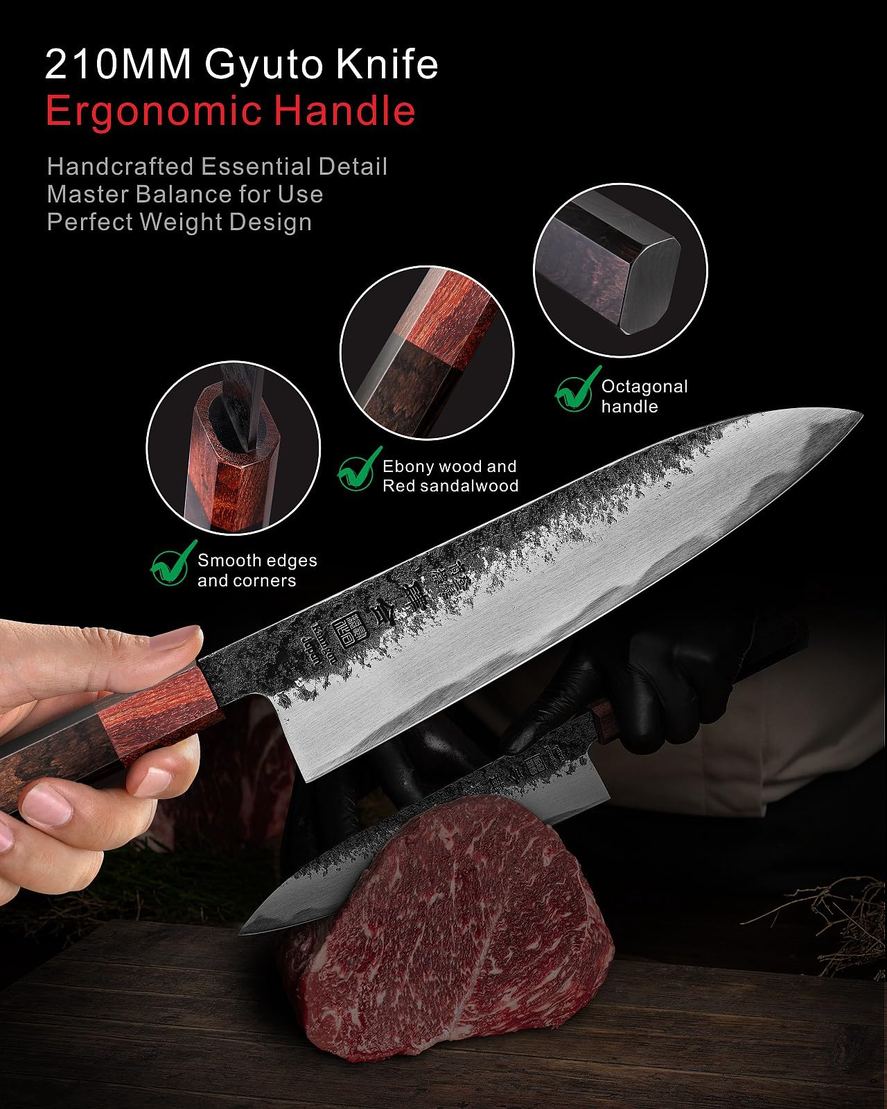 kanngou 8.27 inch chef knife handle closeup features ebony and red sandalwood grip