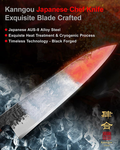 kanngou 8.27 inch chef knife tsuchime texture closeup highlights hammered finish