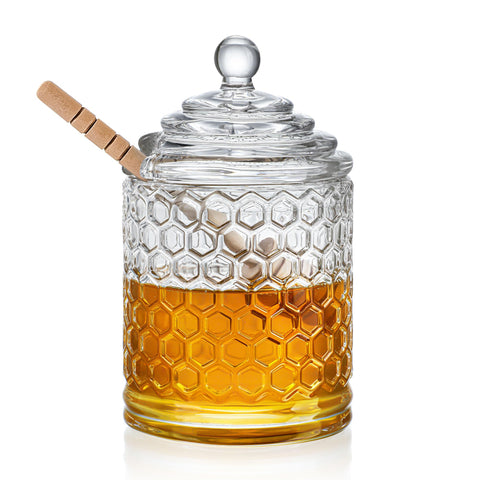 Kanpura clear crystal honey pot with dipper and lid for elegant serving
