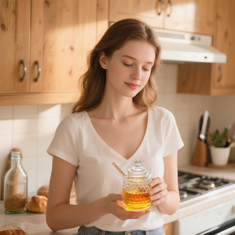 Kanpura thick-walled glass honey container offers durable, lasting use