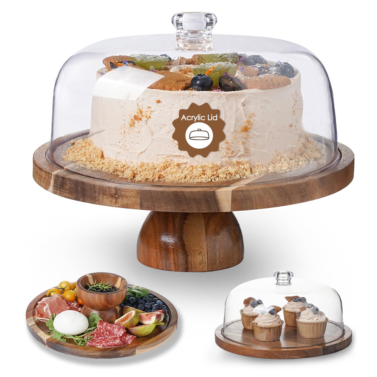 Kanwone Acacia Wood Cake Stand with Dome lid showcases a dessert centerpiece for elegant displays.