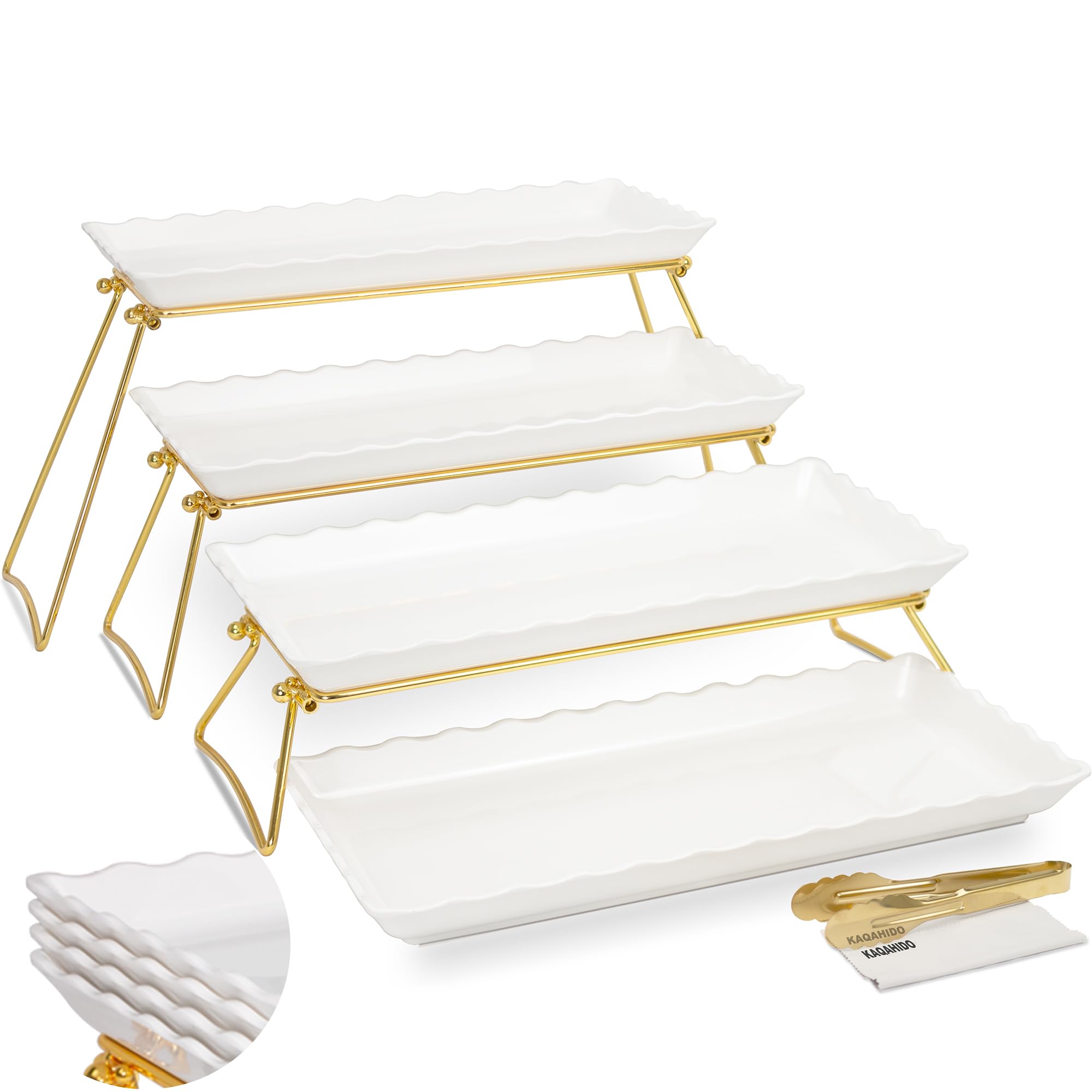 KAQAHIDO extra-large four-tier trays with gold-white wave edges for elegant buffets.