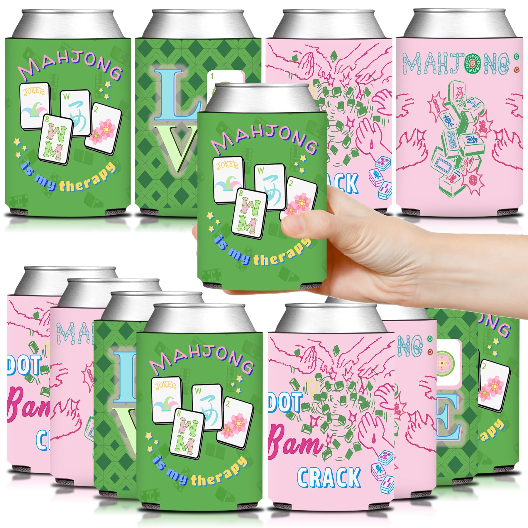KARAQY Mahjong can coolers in pink and green designs keep drinks cold during game night.