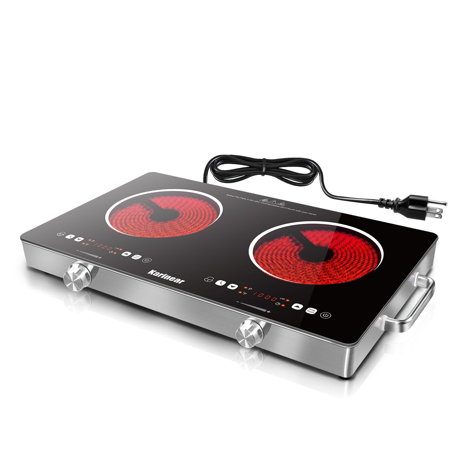 Karinear 2-burner cooktop with handles offers easy transport and flexible placement.