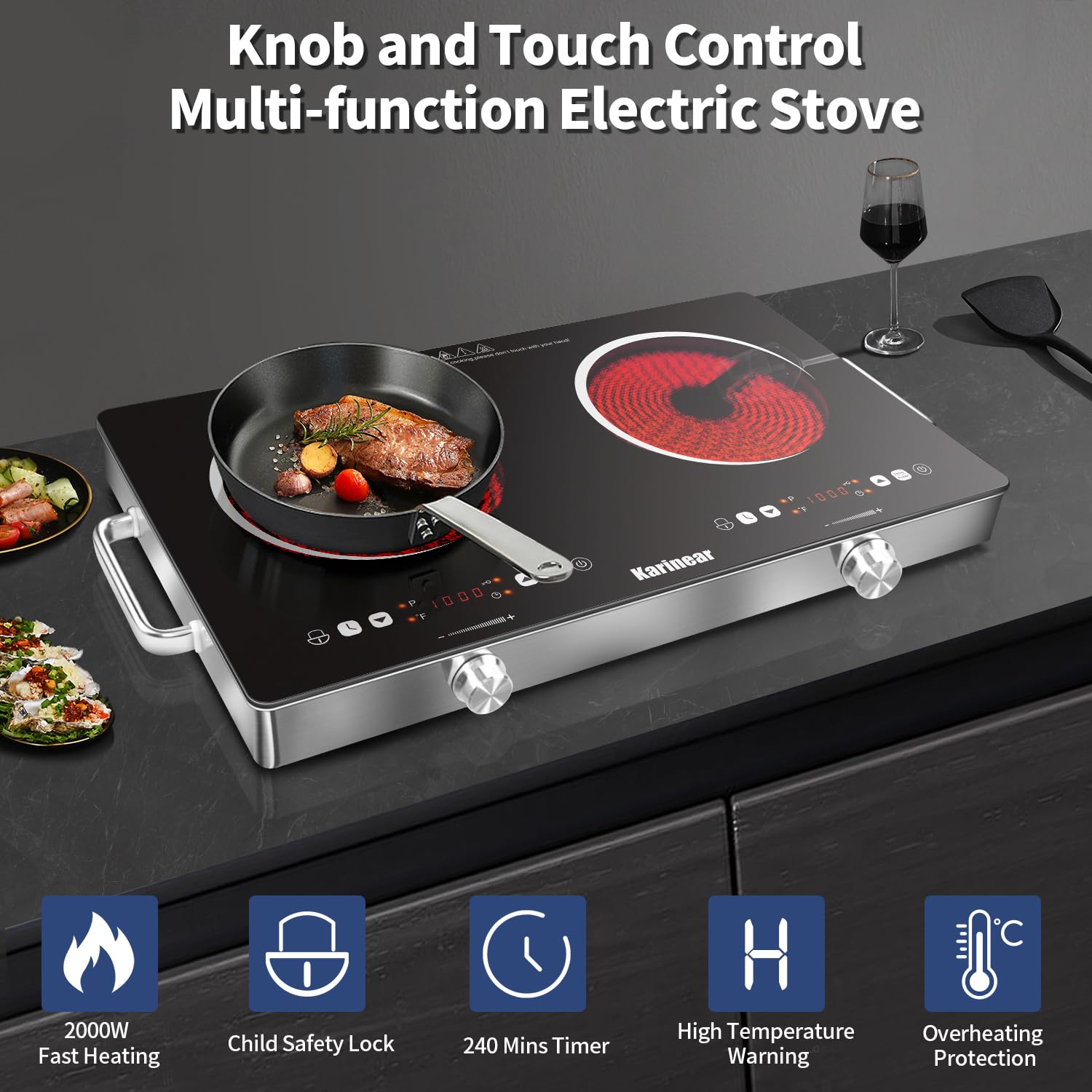Karinear ceramic glass top is sleek, heat resistant, and easy to wipe clean.