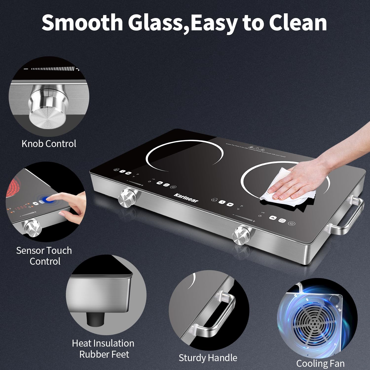 Karinear dual burners with knob and touch controls allow precise heat adjustments.