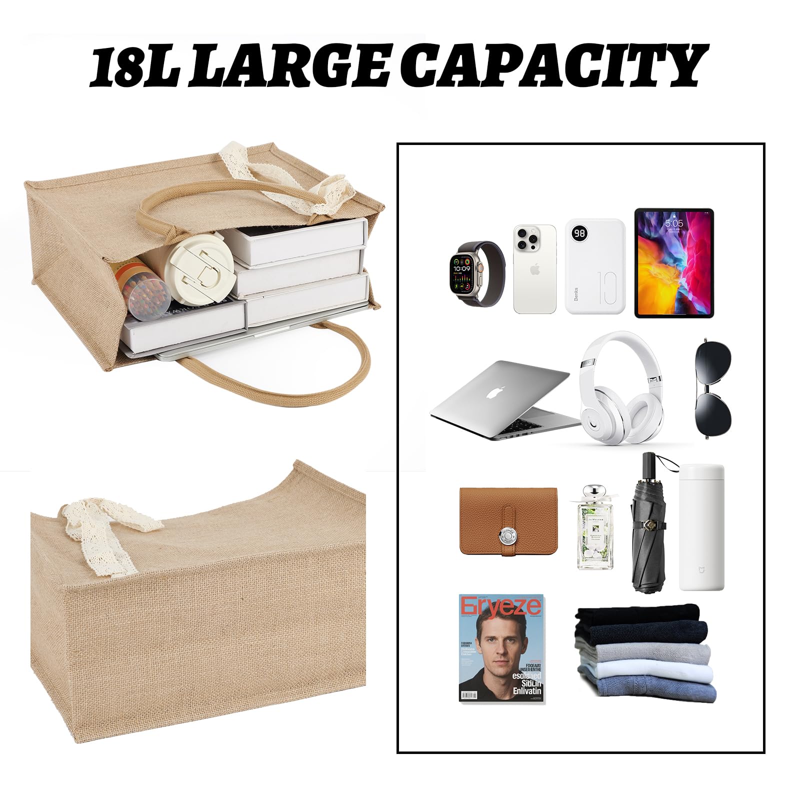 Karinoos waterproof burlap tote material highlights durable, water-resistant carry for beach trips.