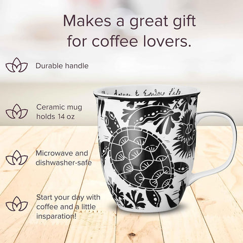 Karma Black White Boho Mug with durable handle for daily use.