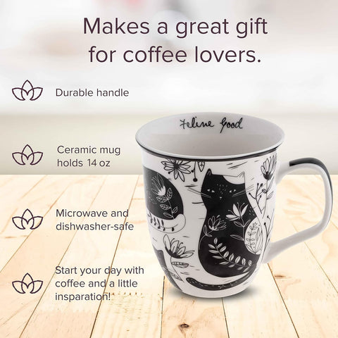 Karma Gifts Boho Cat Mug side view with durable handle for everyday tea.