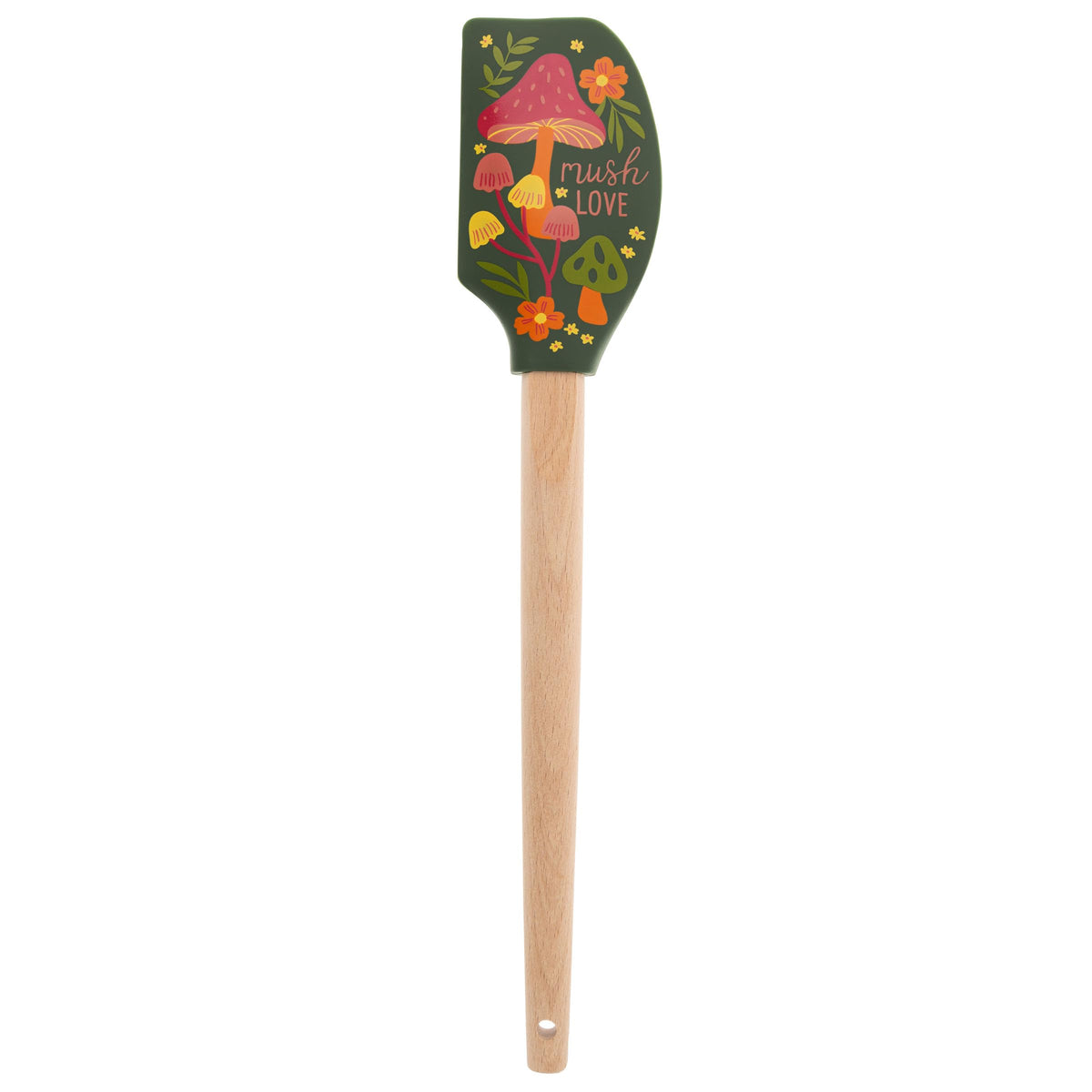 Karma silicone spatula with wood handle, heat resistant up to 428°F for nonstick pans.
