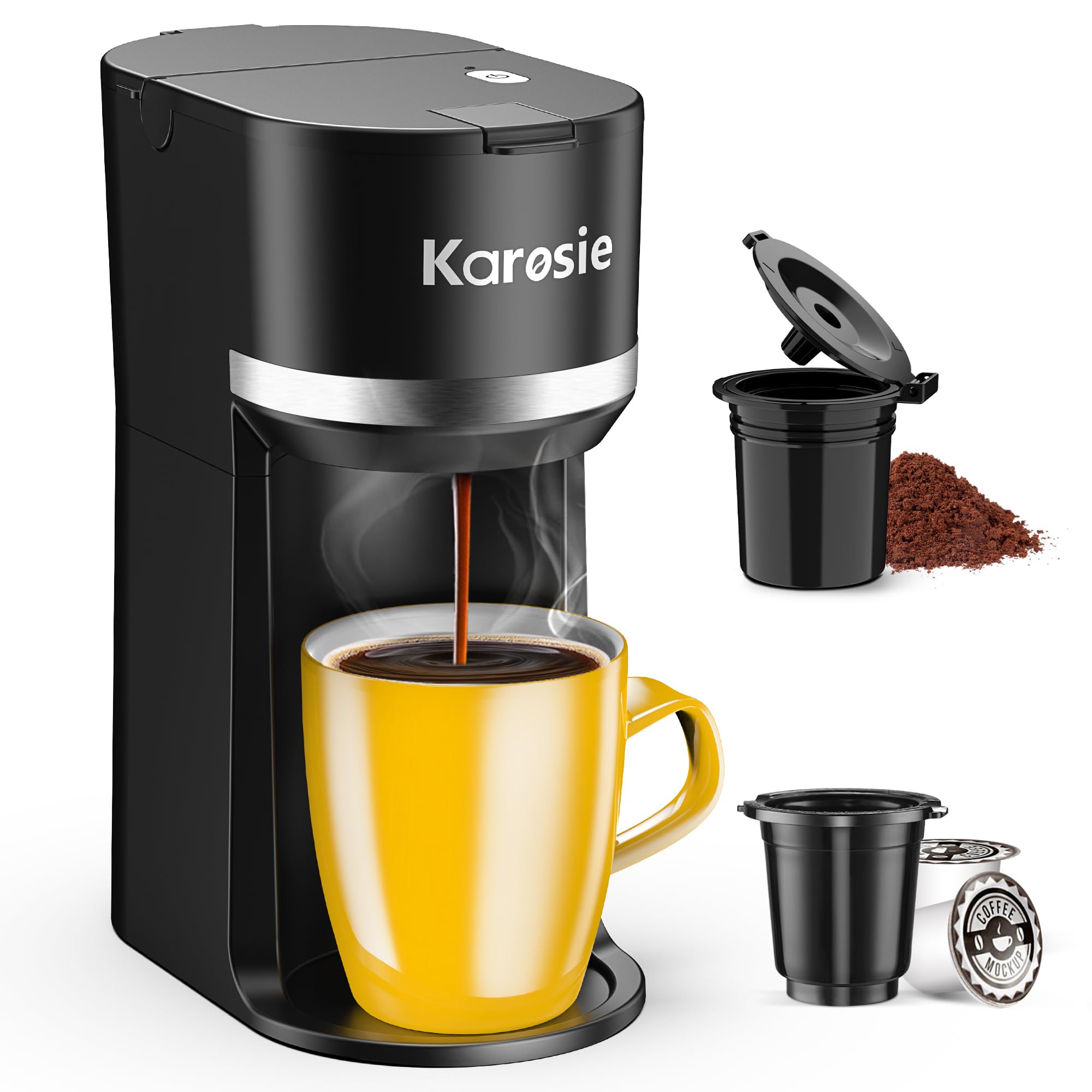 Karosie single-serve coffee maker front view highlighting compact design for small spaces
