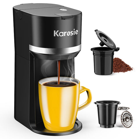 Karosie single-serve coffee maker front view highlighting compact design for small spaces