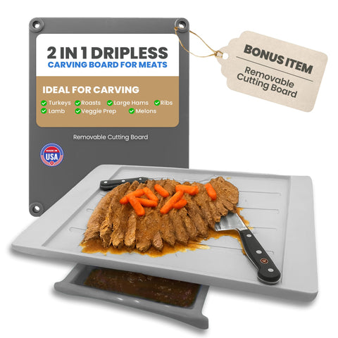 Karving King Plus cutting board with juice groove for clean carving and drip collection.