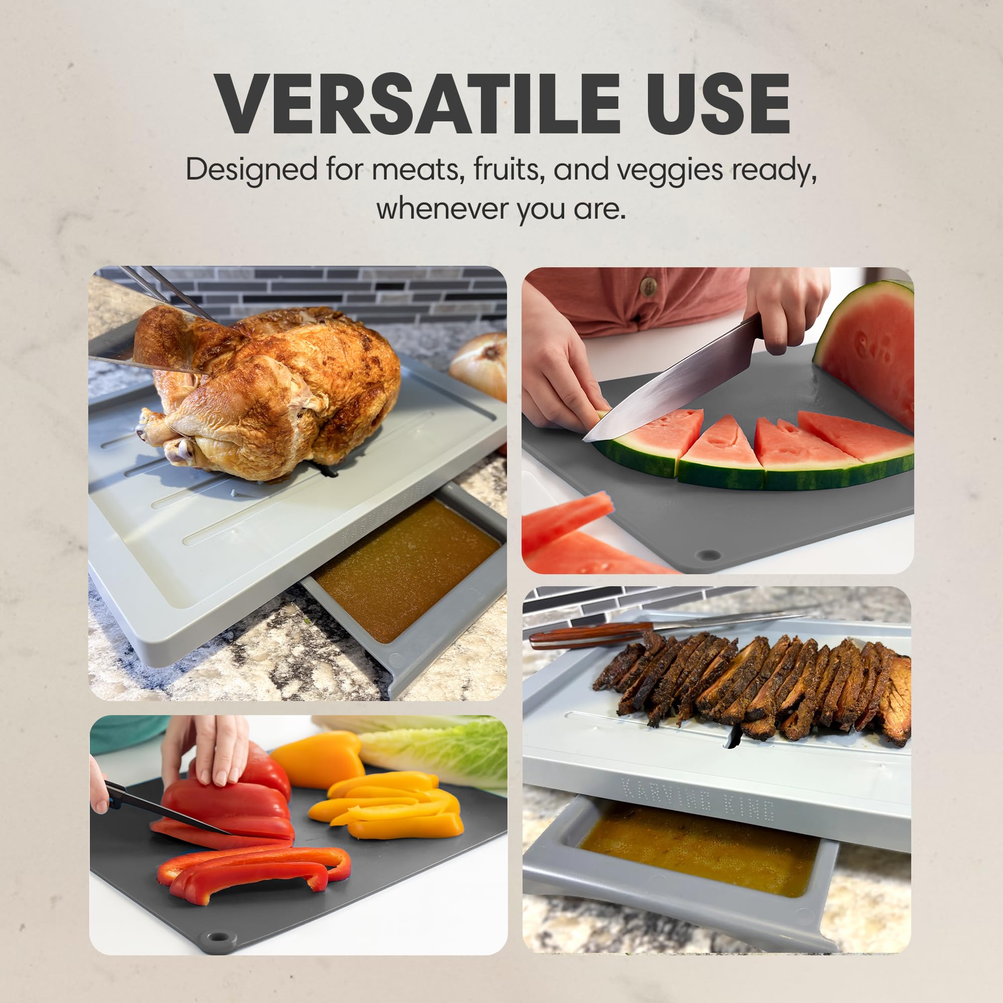 Karving King Plus drainage channels funnel juices into the removable tray.