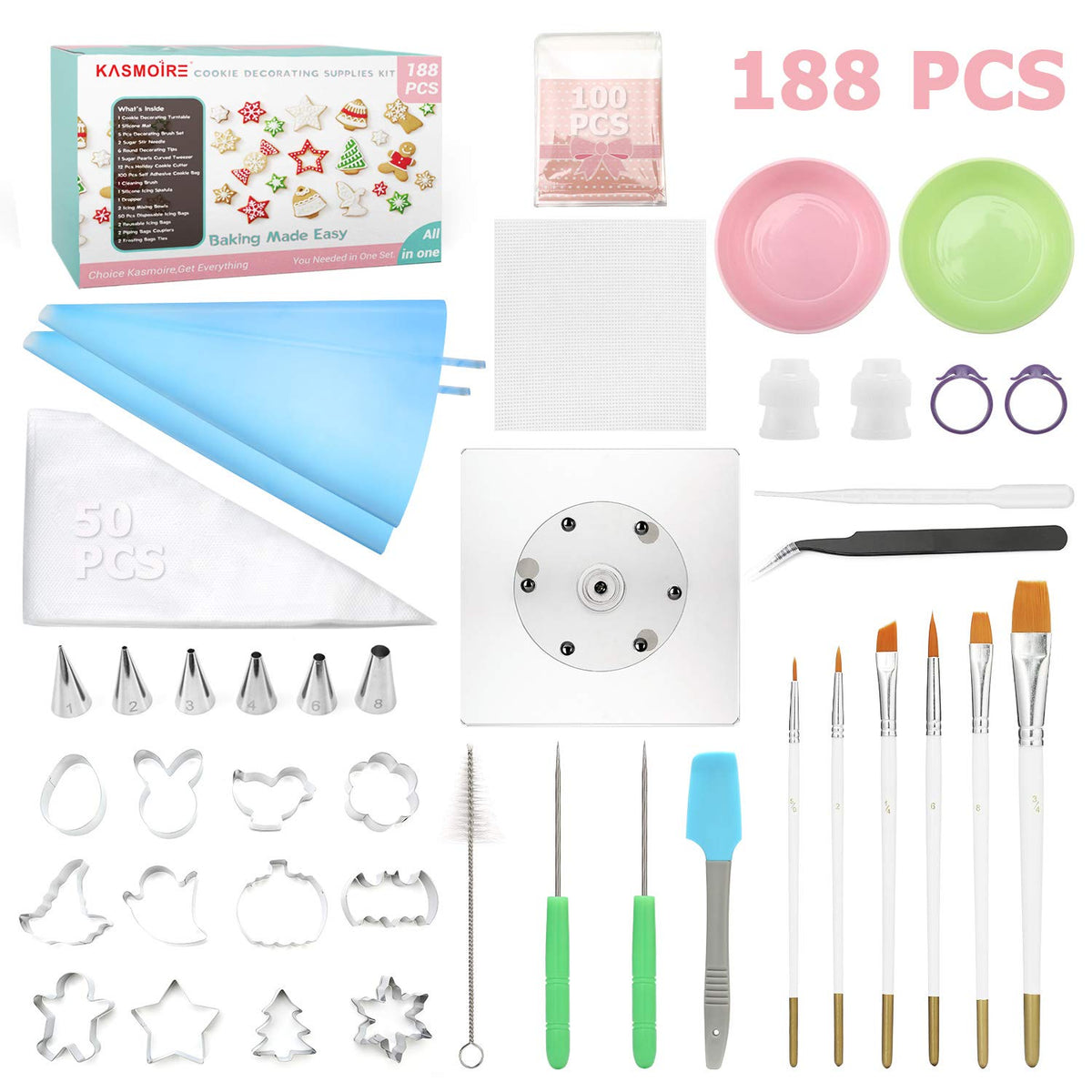 Kasmoire 188pcs cookie decorating kit with versatile tools for beginners