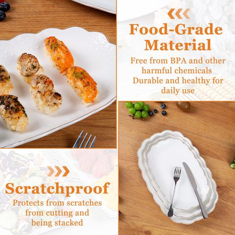 Kassel white porcelain platter with golden rim enhances any dinnerware setup.