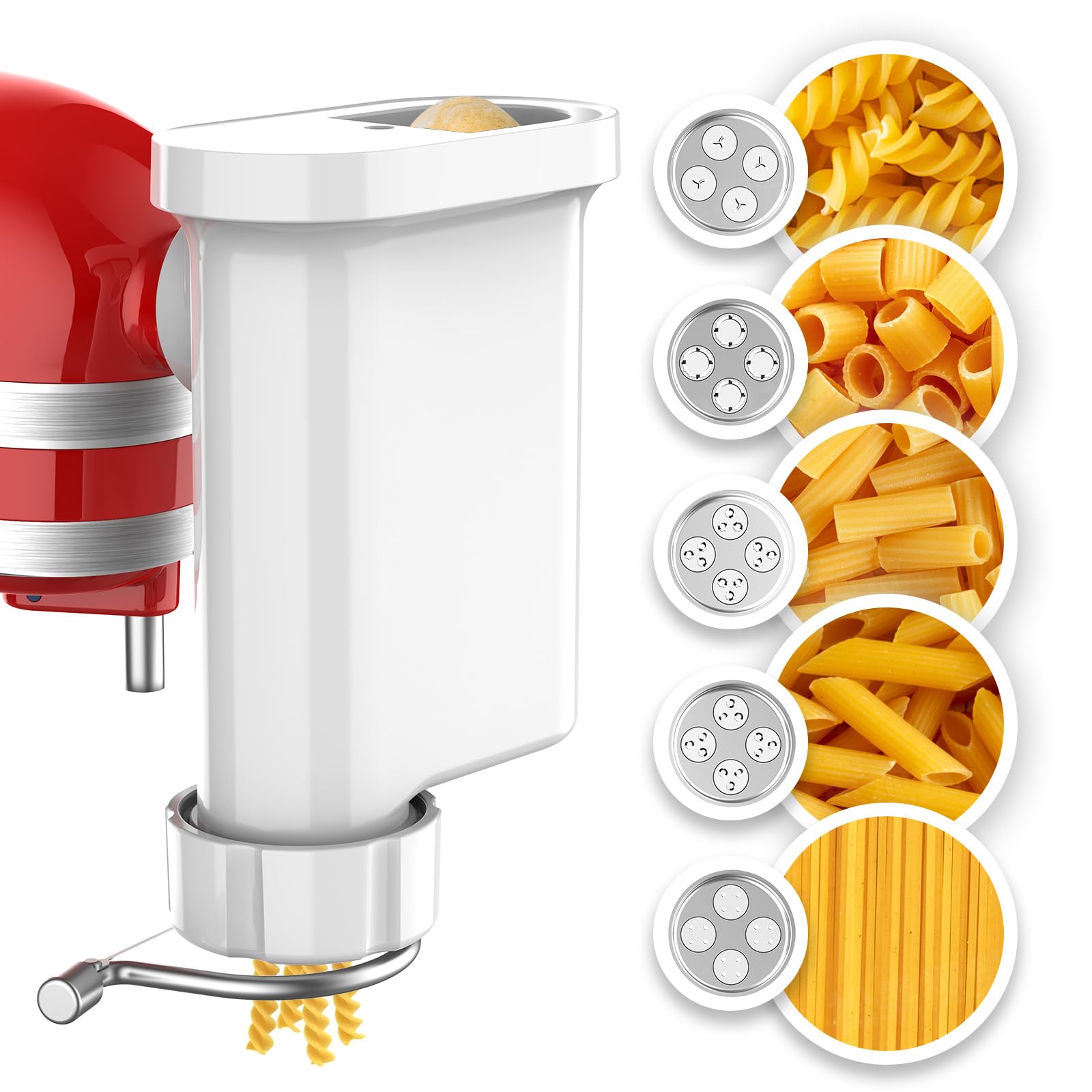 KassunKoch pasta attachment spaghetti plate in action for smooth, restaurant-grade spaghetti at home.