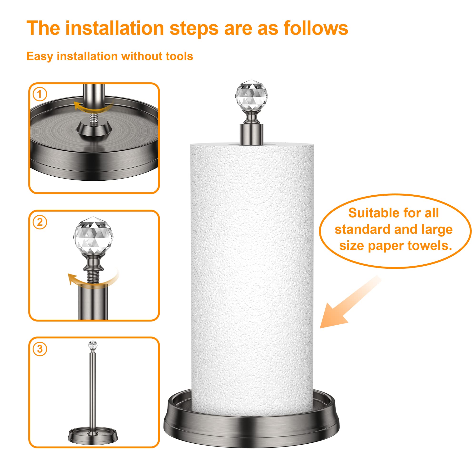 Kasunto holder fits standard and jumbo rolls for flexible towels.