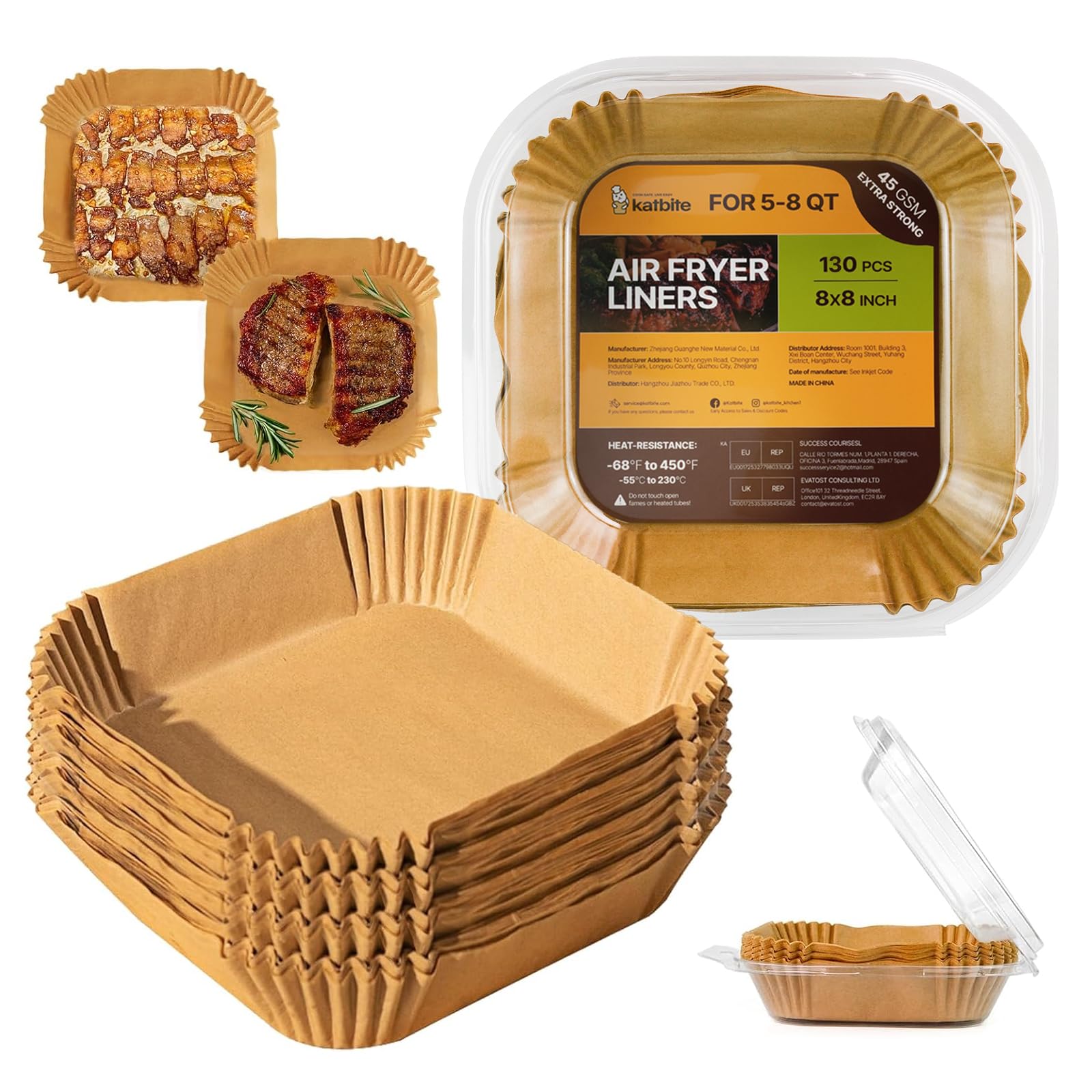 Katbite air fryer liners in 8-inch square packaging for quick setup.