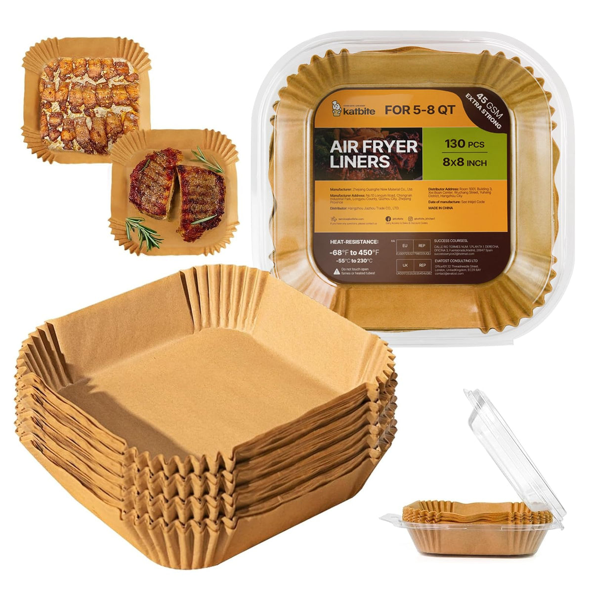 Katbite air fryer liners in 8-inch square packaging for quick setup.