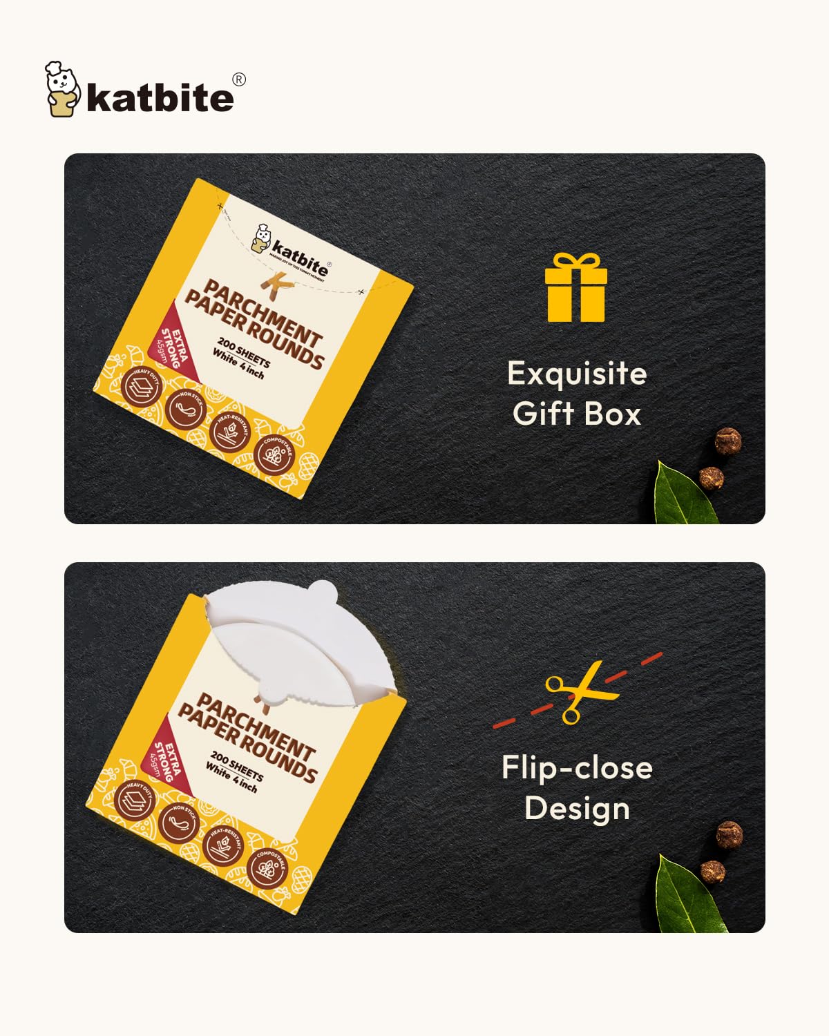 Katbite packaging keeps parchment rounds flat and ready to use