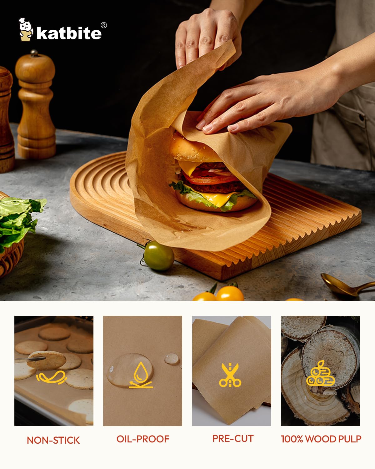 Katbite FSC-certified parchment from wood pulp, safe for everyday baking