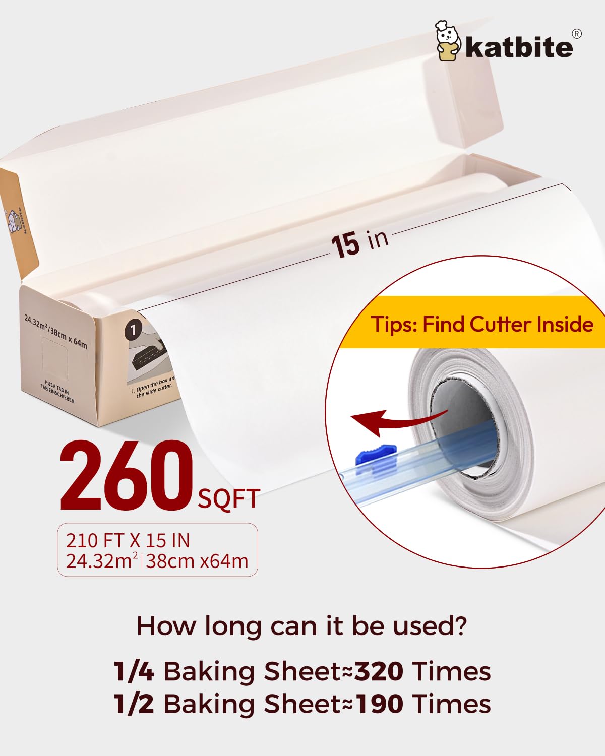 Katbite heavy-duty parchment roll supports thick dough and large trays.
