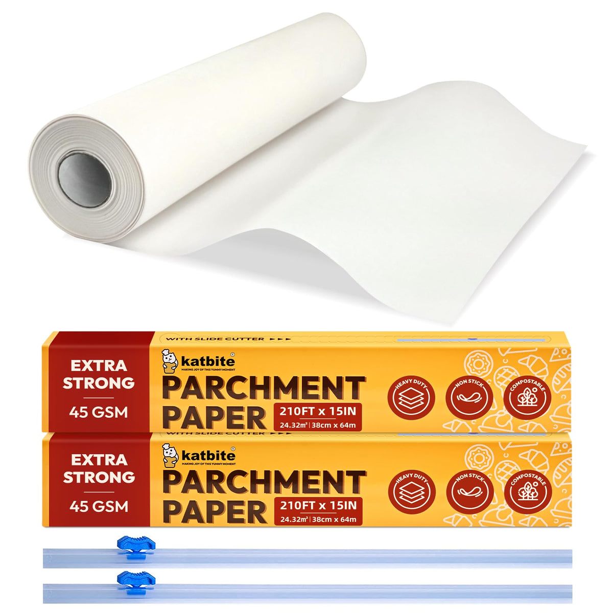 Katbite parchment paper roll, 15in x 210ft; sturdy non-stick baking surface.