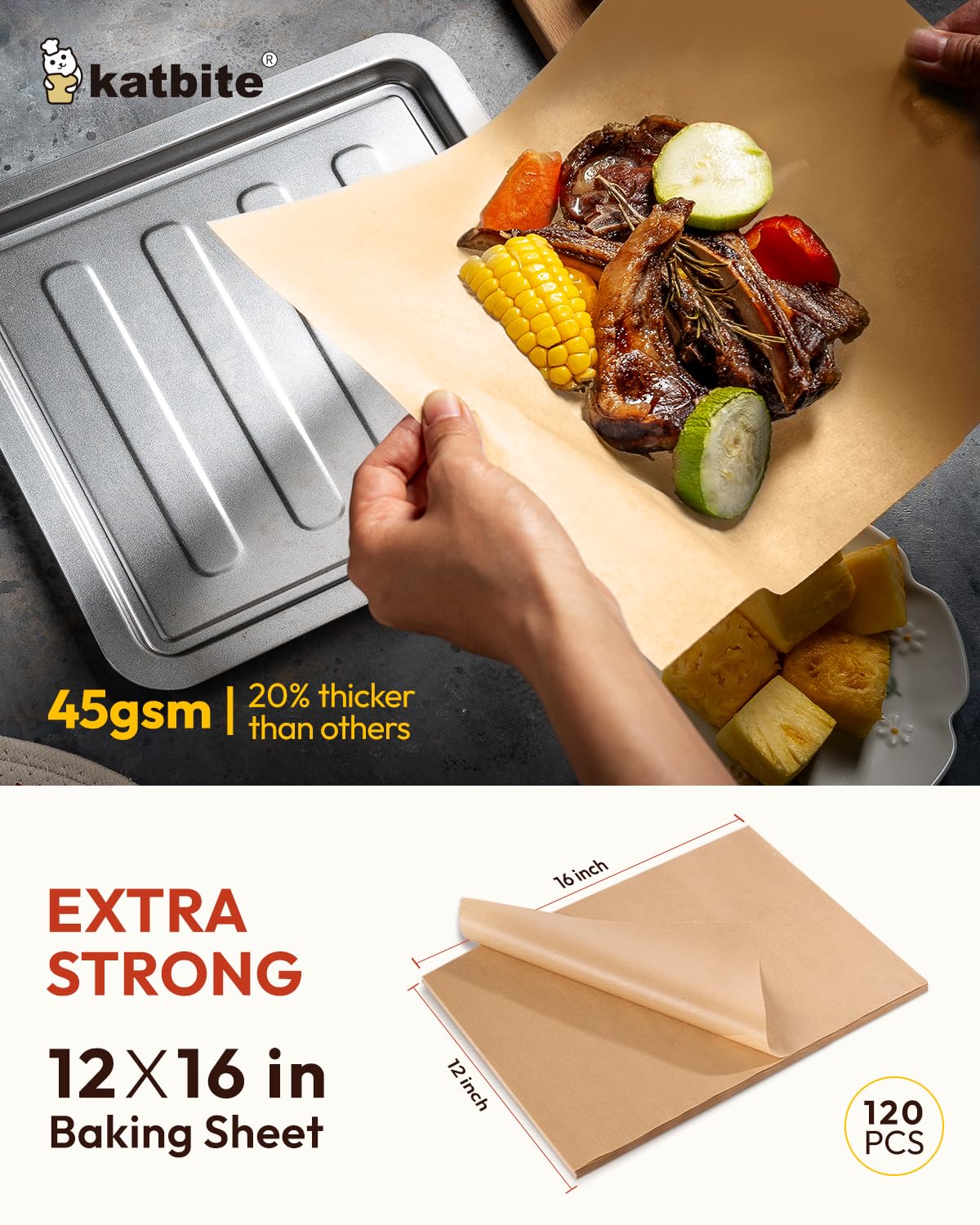 Katbite parchment sheets laid flat on a baking tray for even cooking.