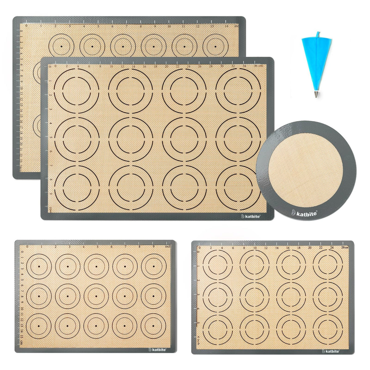 Katbite silicone baking mats set, versatile sizes for cookies and pastries.