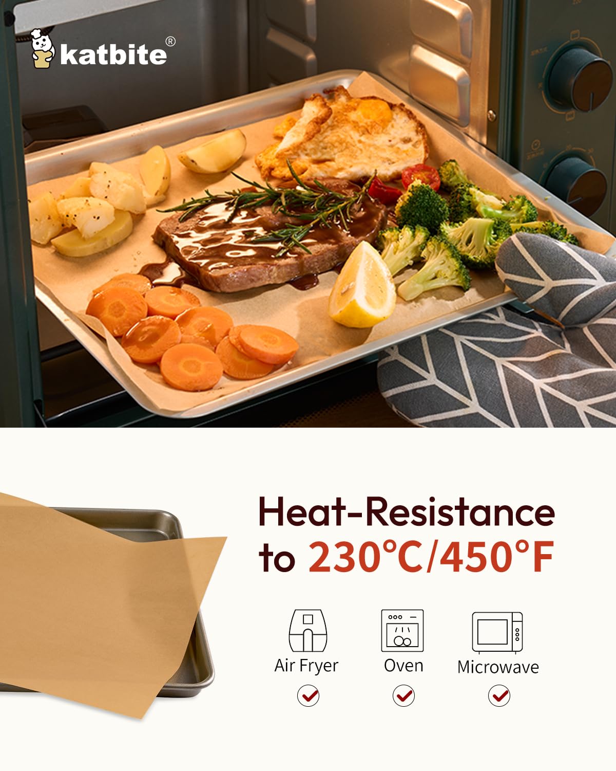 Katbite parchment withstands -68°F to 450°F for freezer-to-oven versatility