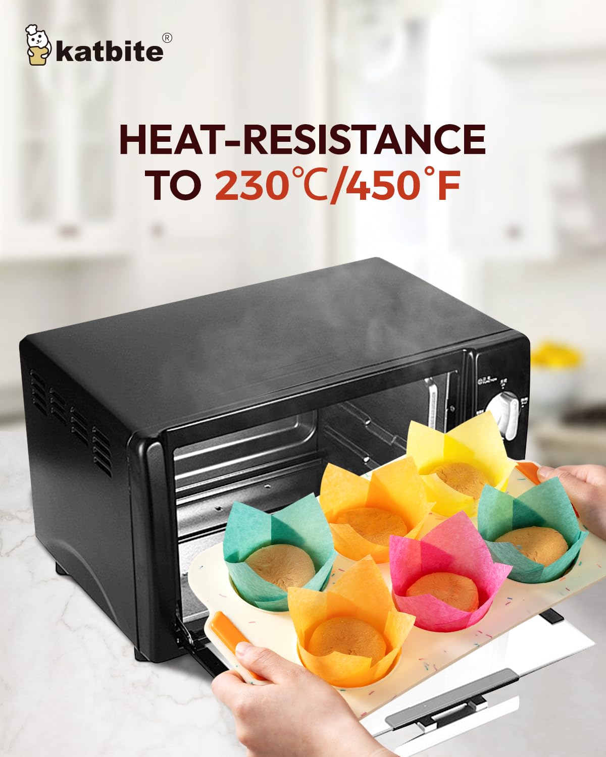 Katbite Tulip liners release cupcakes easily for quick cleanup.