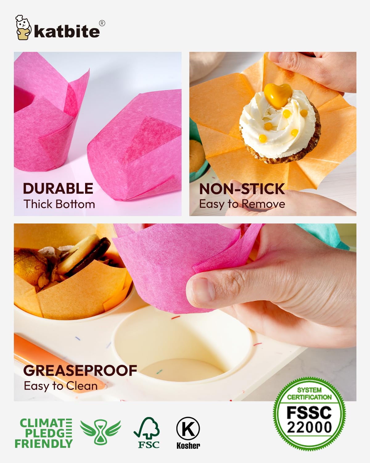 Katbite Tulip liners are oven-safe for direct baking up to 425°F.