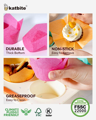 Katbite Tulip liners are oven-safe for direct baking up to 425°F.