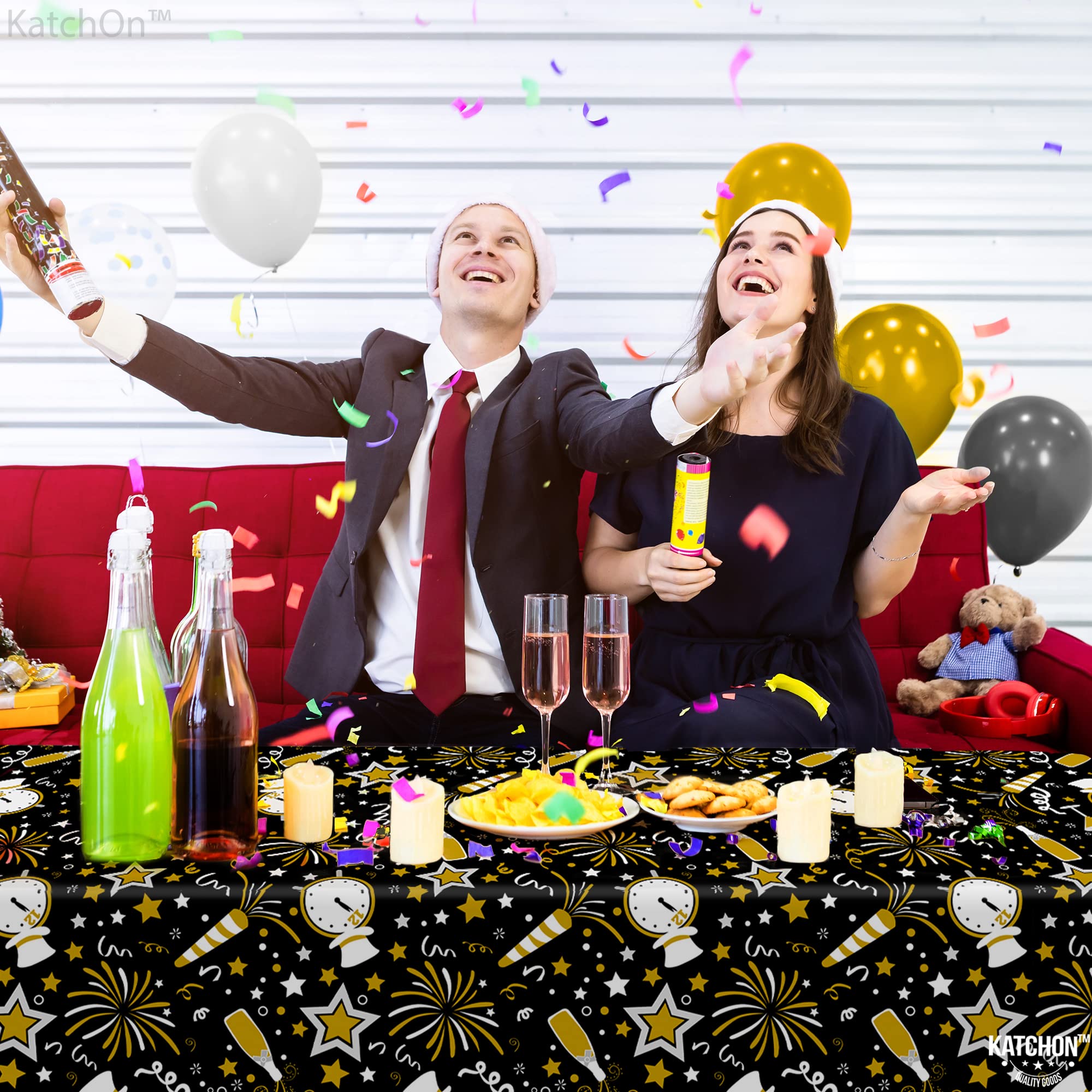 KatchOn NYE tablecloth with black and gold design for stylish New Year's Eve