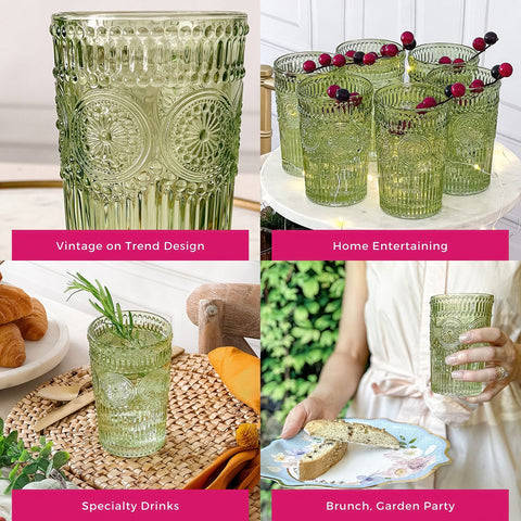 Kate Aspen glassware on a bar cart or kitchen shelf display