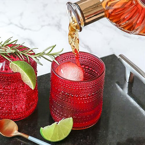 Kate Aspen retro ribbed glass displayed on a stylish bar cart.