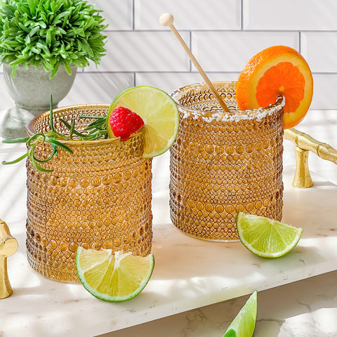 Kate Aspen beaded amber glass ribbed texture provides vintage appeal for guests