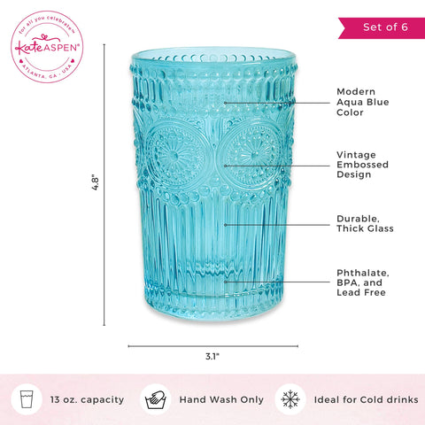 Cocktail-ready Kate Aspen glass with textured aqua design.