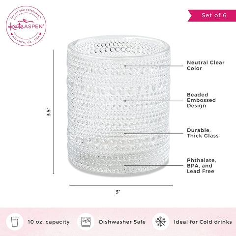 Kate Aspen beaded glassware is lead-free and durable for daily use.
